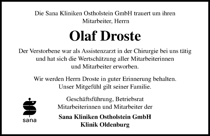  Traueranzeige für Olaf Droste vom 11.07.2020 aus Lübecker Nachrichten