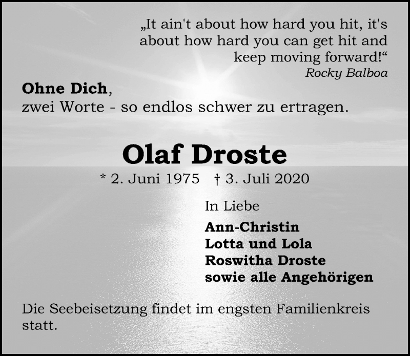  Traueranzeige für Olaf Droste vom 08.07.2020 aus Lübecker Nachrichten