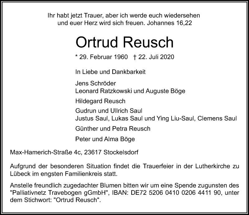  Traueranzeige für Ortrud Reusch vom 26.07.2020 aus Lübecker Nachrichten