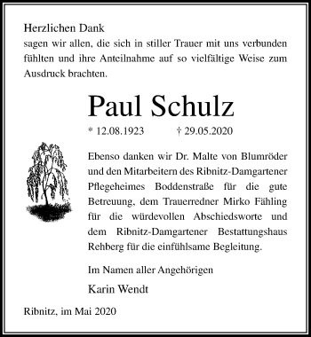 Traueranzeige von Paul Schulz von Ostsee-Zeitung GmbH