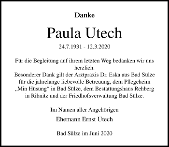 Traueranzeige von Paula Utech von Ostsee-Zeitung GmbH