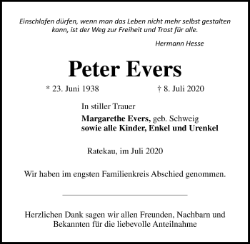 Traueranzeige von Peter Evers von Lübecker Nachrichten