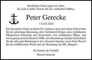 Traueranzeige von Peter Gerecke von Ostsee-Zeitung GmbH