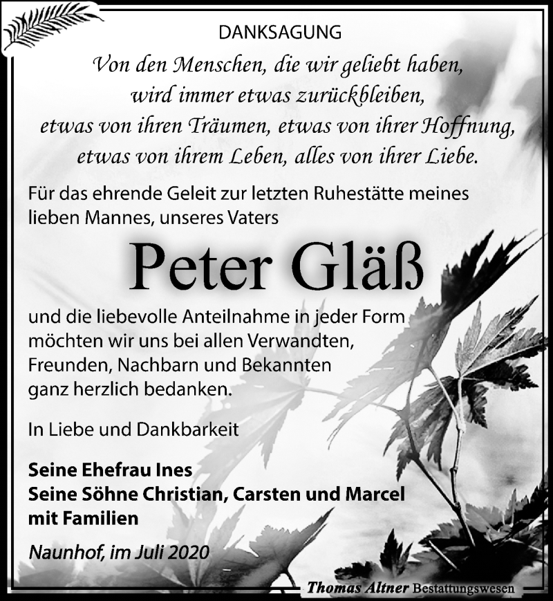  Traueranzeige für Peter Gläß vom 18.07.2020 aus Leipziger Volkszeitung