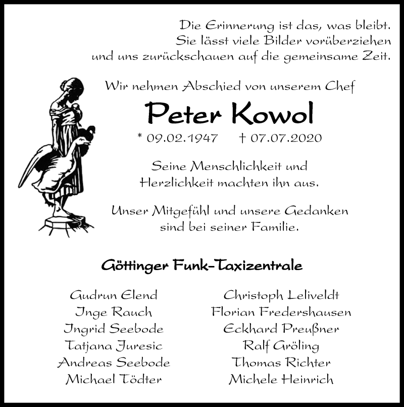  Traueranzeige für Peter Kowol vom 11.07.2020 aus Göttinger Tageblatt