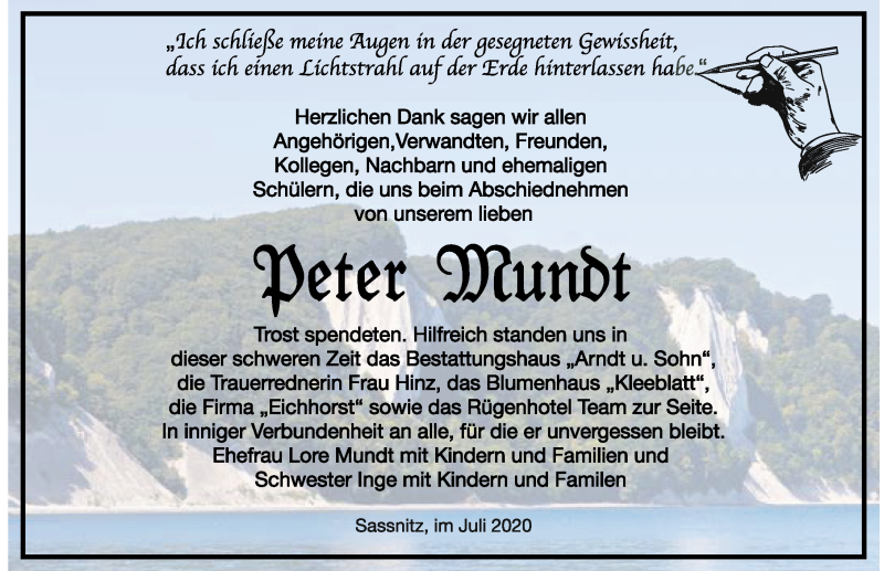  Traueranzeige für Peter Mundt vom 11.07.2020 aus Ostsee-Zeitung GmbH