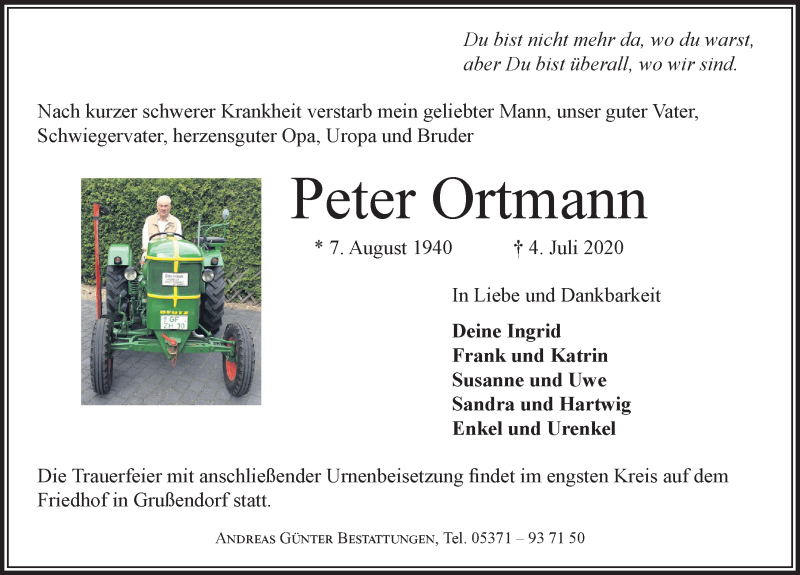  Traueranzeige für Peter Ortmann vom 10.07.2020 aus Aller Zeitung