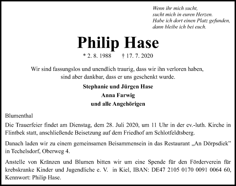  Traueranzeige für Philip Hase vom 25.07.2020 aus Kieler Nachrichten
