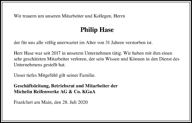  Traueranzeige für Philip Hase vom 28.07.2020 aus Kieler Nachrichten