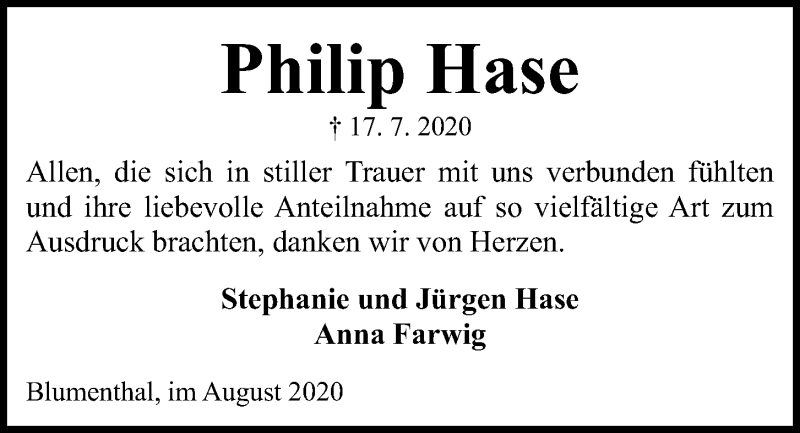  Traueranzeige für Philip Hase vom 01.08.2020 aus Kieler Nachrichten