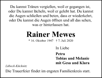 Traueranzeige von Rainer Mewes von Lübecker Nachrichten