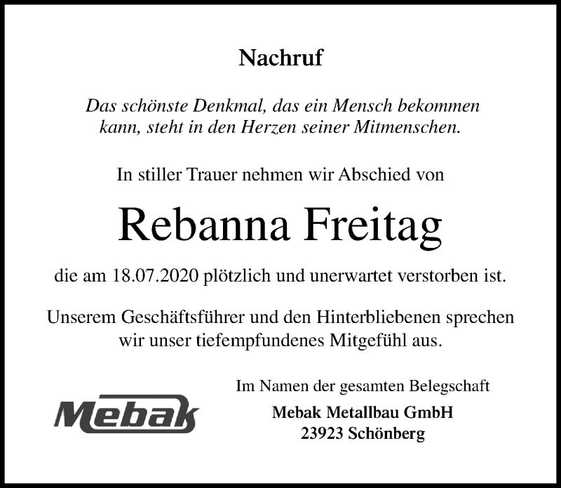  Traueranzeige für Rebanna Freitag vom 01.08.2020 aus Lübecker Nachrichten