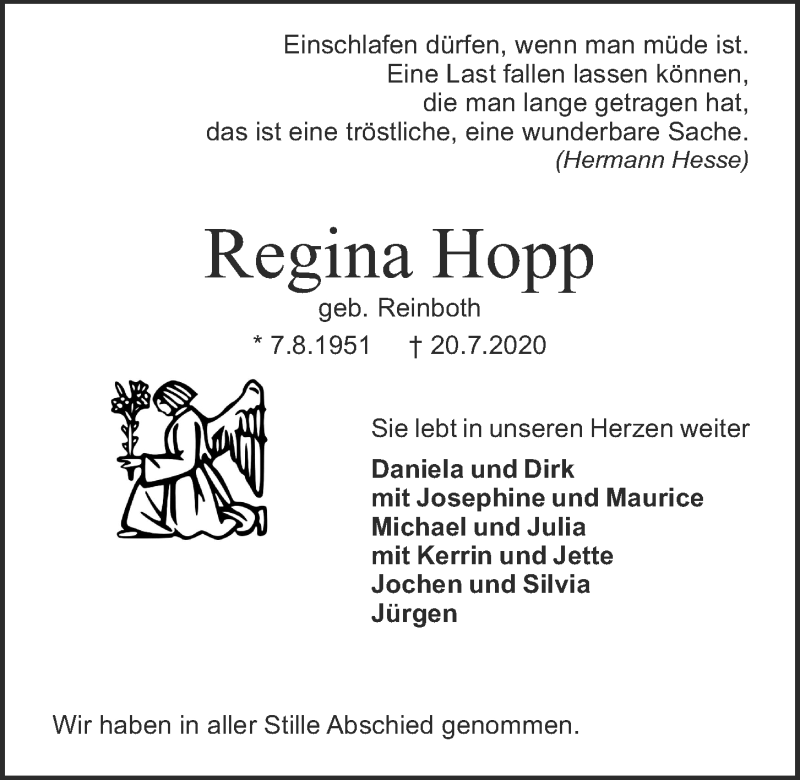  Traueranzeige für Regina Hopp vom 01.08.2020 aus Kieler Nachrichten