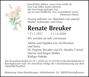 Traueranzeige von Renate Breuker von Hannoversche Allgemeine Zeitung/Neue Presse