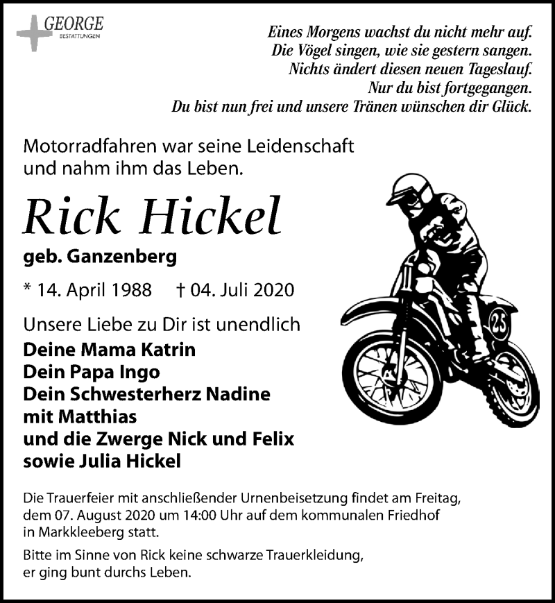  Traueranzeige für Rick Hickel vom 18.07.2020 aus Leipziger Volkszeitung