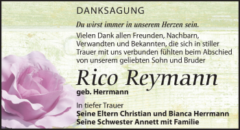 Traueranzeige von Rico Reymann von Leipziger Volkszeitung