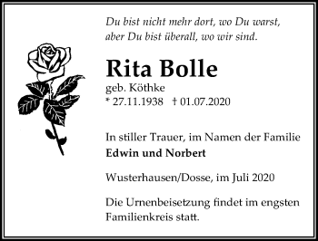 Traueranzeige von Rita Bolle