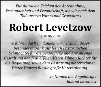 Traueranzeige von Robert Levetzow von Ostsee-Zeitung GmbH