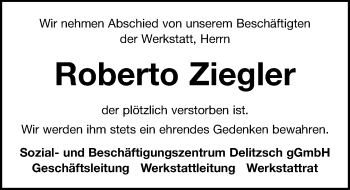 Traueranzeige von Roberto Ziegler von Leipziger Volkszeitung