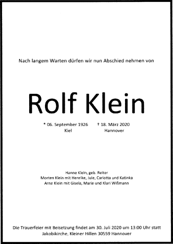 Traueranzeige von Rolf Klein von Hannoversche Allgemeine Zeitung/Neue Presse