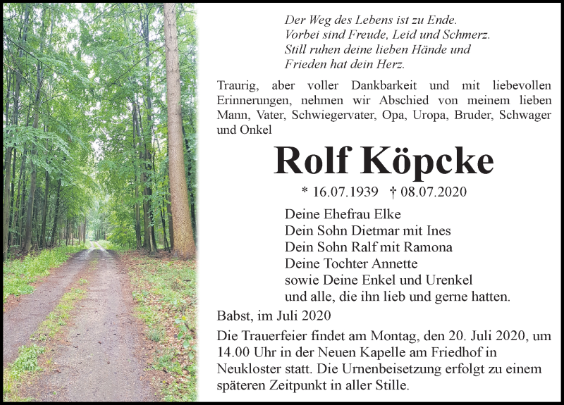  Traueranzeige für Rolf Köpcke vom 11.07.2020 aus Ostsee-Zeitung GmbH
