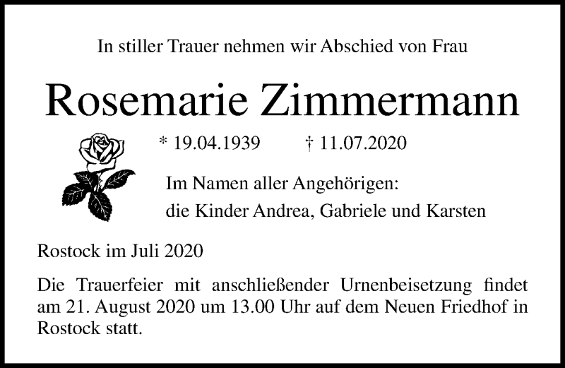  Traueranzeige für Rosemarie Zimmermann vom 25.07.2020 aus Ostsee-Zeitung GmbH