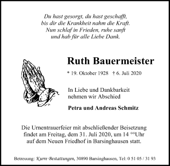 Traueranzeige von Ruth Bauermeister von Hannoversche Allgemeine Zeitung/Neue Presse