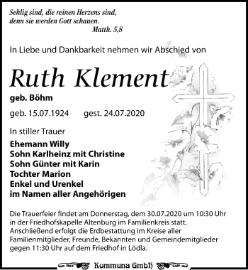 Traueranzeige von Ruth Klement von Leipziger Volkszeitung