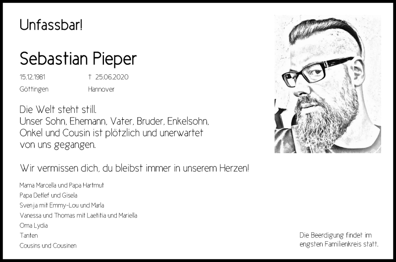  Traueranzeige für Sebastian Pieper vom 04.07.2020 aus Göttinger Tageblatt