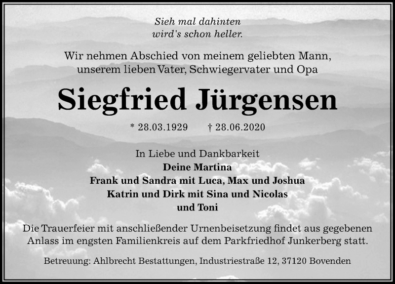  Traueranzeige für Siegfried Jürgensen vom 04.07.2020 aus Göttinger Tageblatt