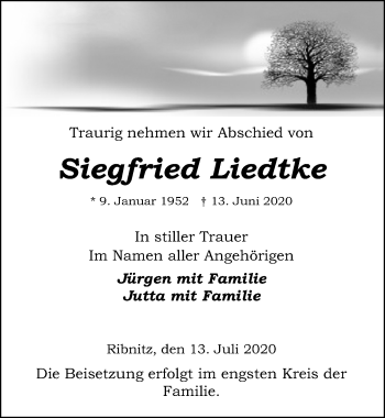 Traueranzeige von Siegfried Liedtke von Ostsee-Zeitung GmbH