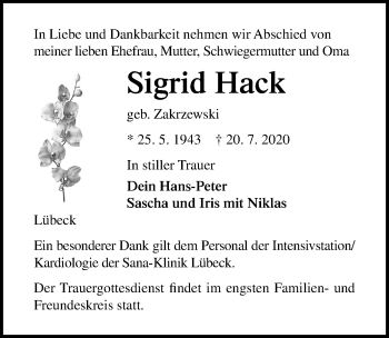 Traueranzeige von Sigrid Hack von Lübecker Nachrichten