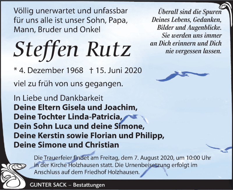  Traueranzeige für Steffen Rutz vom 25.07.2020 aus Leipziger Volkszeitung