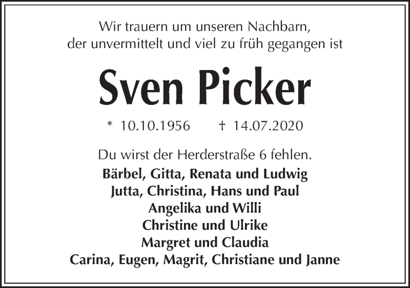  Traueranzeige für Sven Picker vom 25.07.2020 aus Kieler Nachrichten