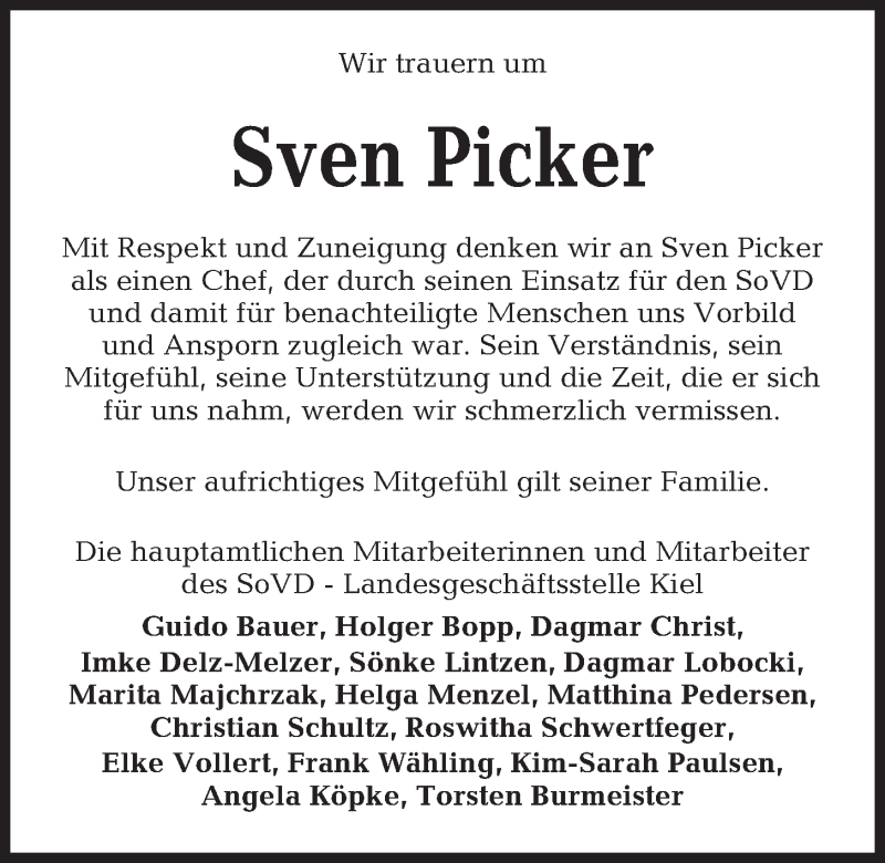  Traueranzeige für Sven Picker vom 25.07.2020 aus Kieler Nachrichten