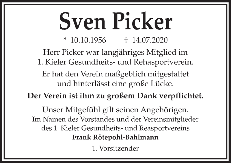  Traueranzeige für Sven Picker vom 25.07.2020 aus Kieler Nachrichten