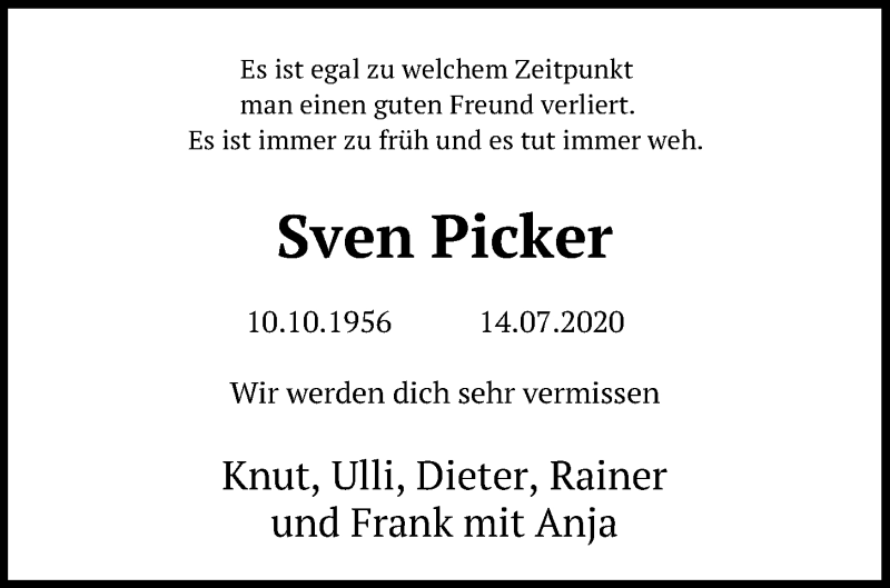  Traueranzeige für Sven Picker vom 25.07.2020 aus Kieler Nachrichten