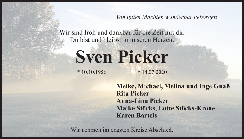  Traueranzeige für Sven Picker vom 25.07.2020 aus Kieler Nachrichten