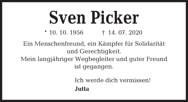  Traueranzeige für Sven Picker vom 25.07.2020 aus Kieler Nachrichten