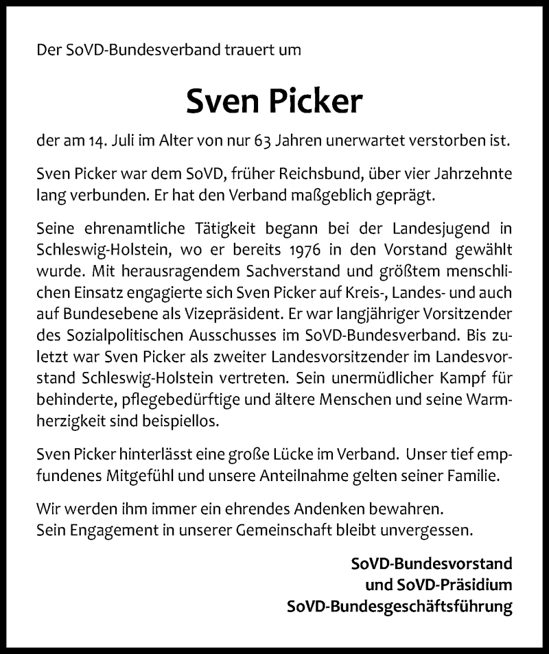  Traueranzeige für Sven Picker vom 25.07.2020 aus Kieler Nachrichten