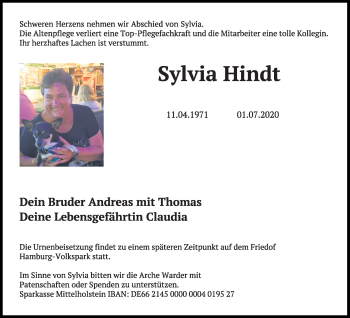 Traueranzeige von Sylvia Hindt von Kieler Nachrichten