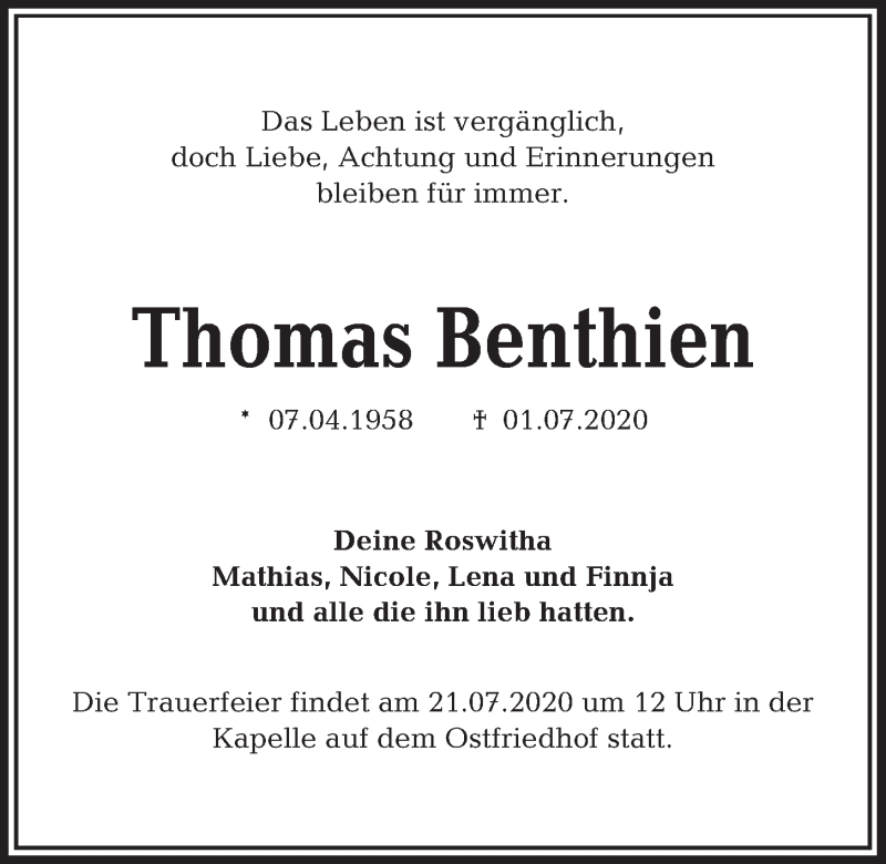  Traueranzeige für Thomas Benthien vom 11.07.2020 aus Kieler Nachrichten