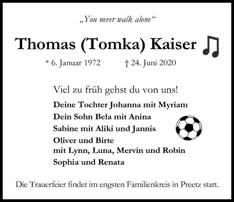 Traueranzeige für Thomas Kaiser vom 11.07.2020 aus Kieler Nachrichten