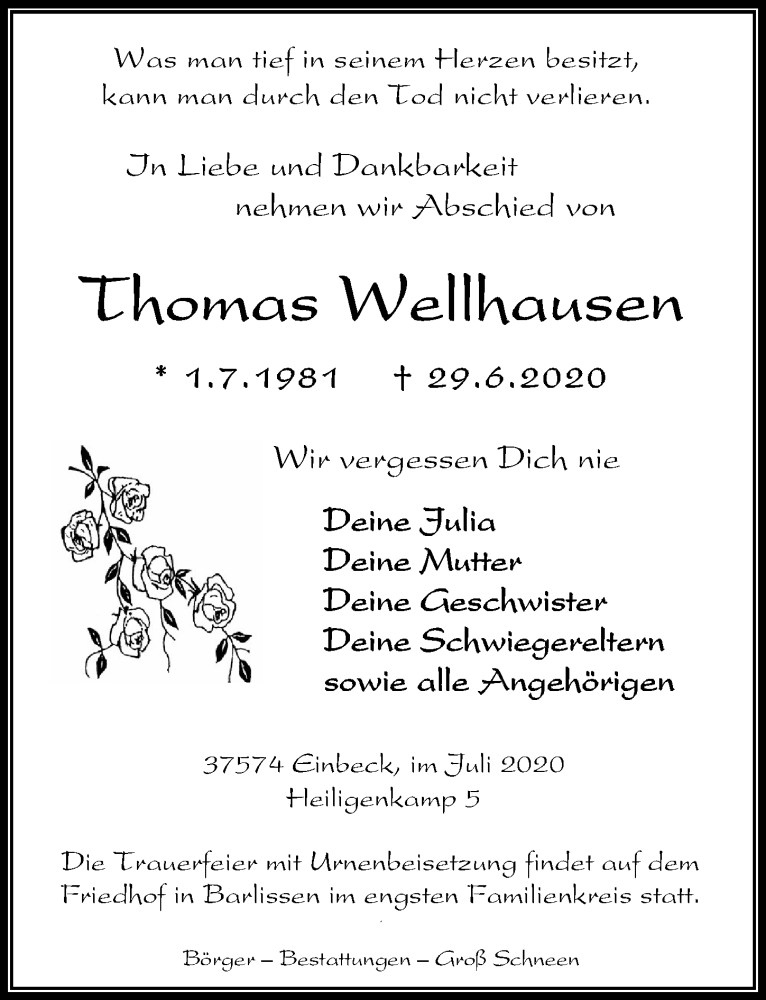  Traueranzeige für Thomas Wellhausen vom 11.07.2020 aus Göttinger Tageblatt