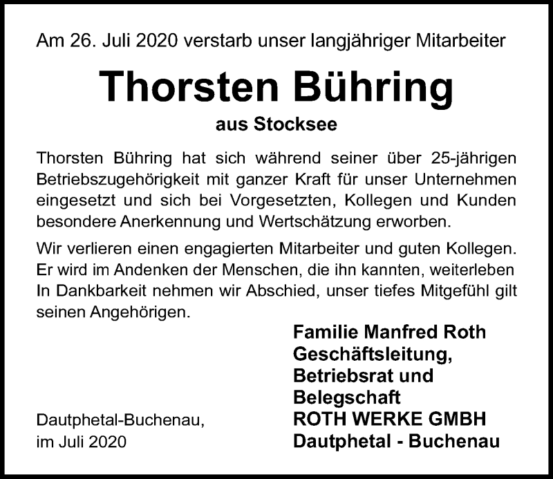  Traueranzeige für Thorsten Bühring vom 29.07.2020 aus Kieler Nachrichten