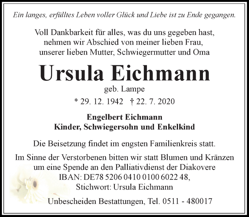  Traueranzeige für Ursula Eichmann vom 25.07.2020 aus Hannoversche Allgemeine Zeitung/Neue Presse