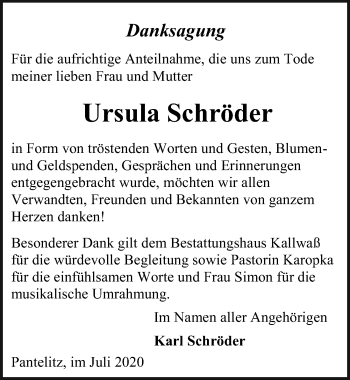 Traueranzeige von Ursula Schröder von Ostsee-Zeitung GmbH