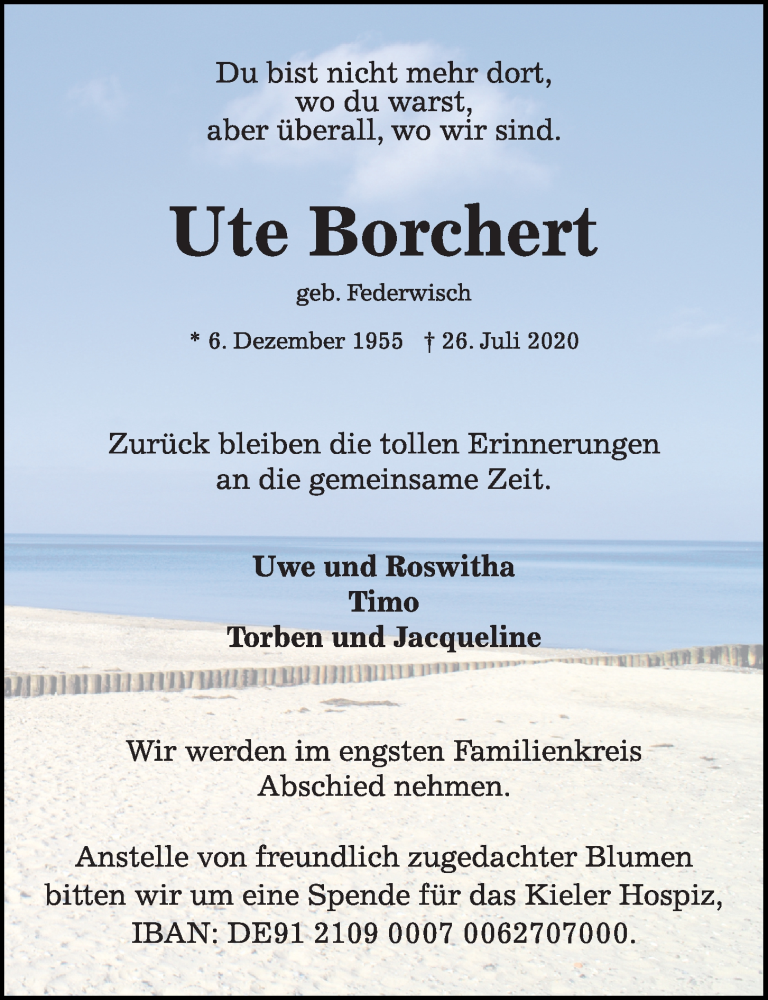  Traueranzeige für Ute Borchert vom 01.08.2020 aus Kieler Nachrichten