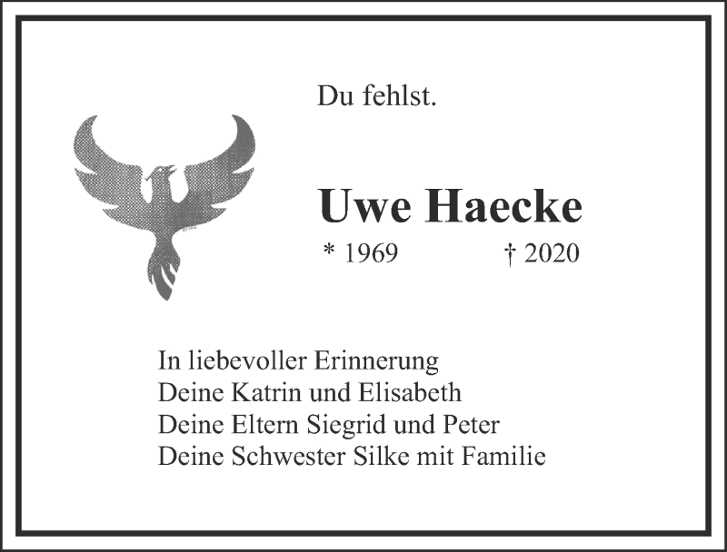 Traueranzeige für Uwe Haecke vom 04.07.2020 aus Märkischen Allgemeine Zeitung