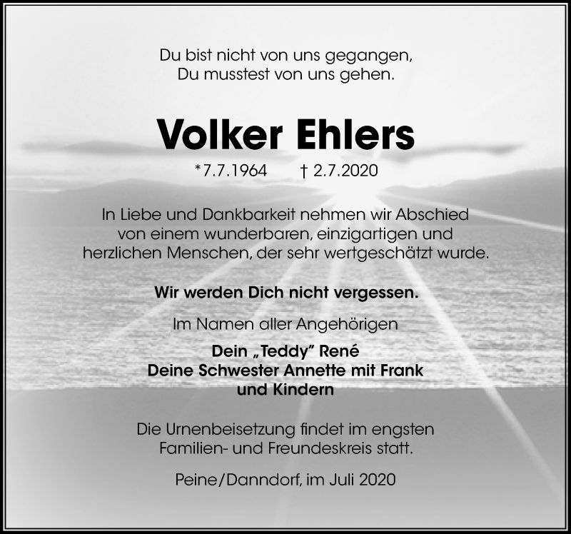  Traueranzeige für Volker Ehlers vom 15.07.2020 aus Aller Zeitung